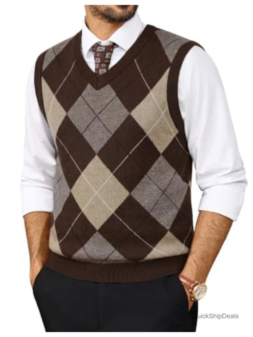 Men's Argyle Sweater Vest V-Neck Sleeveless Polyester Blend Knit Pullover